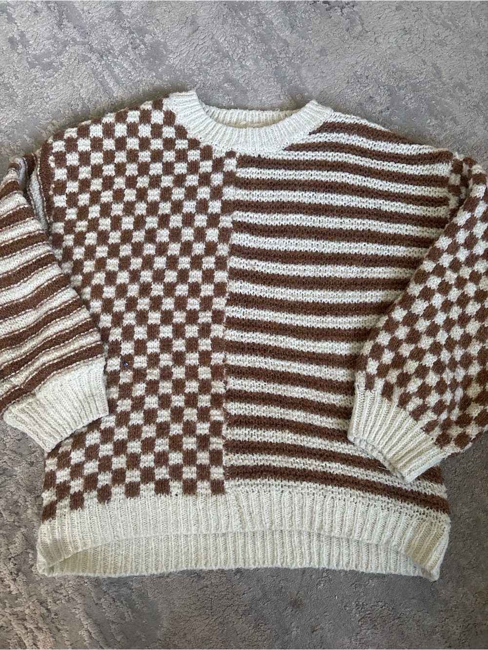 Blu Pepper Checker & Stripe Crewneck Sweater in Cream and Brown